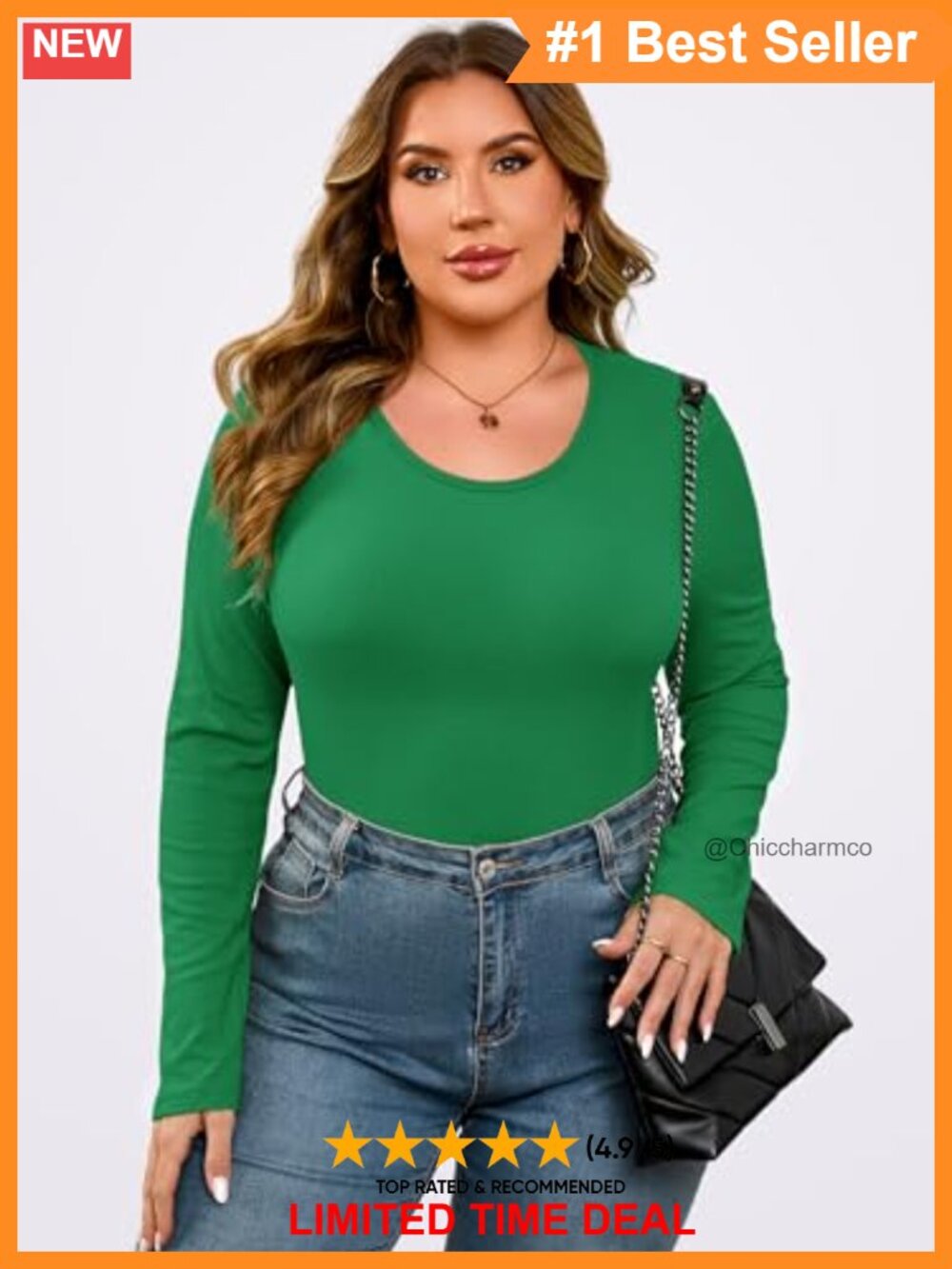 Plus Size Long Sleeve Ribbed Knit Top Crew Neck Fitted Tee - Picture 5 of 6